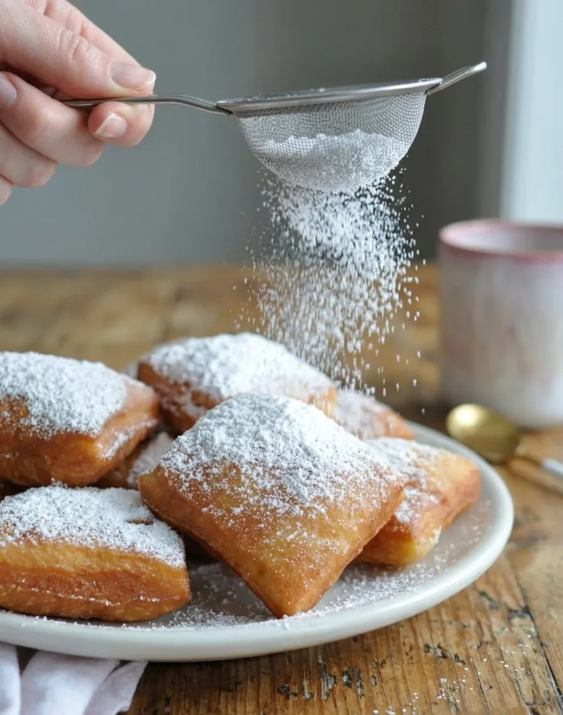 Dusting warm beignets with powdered sugar for classic New Orleans finish