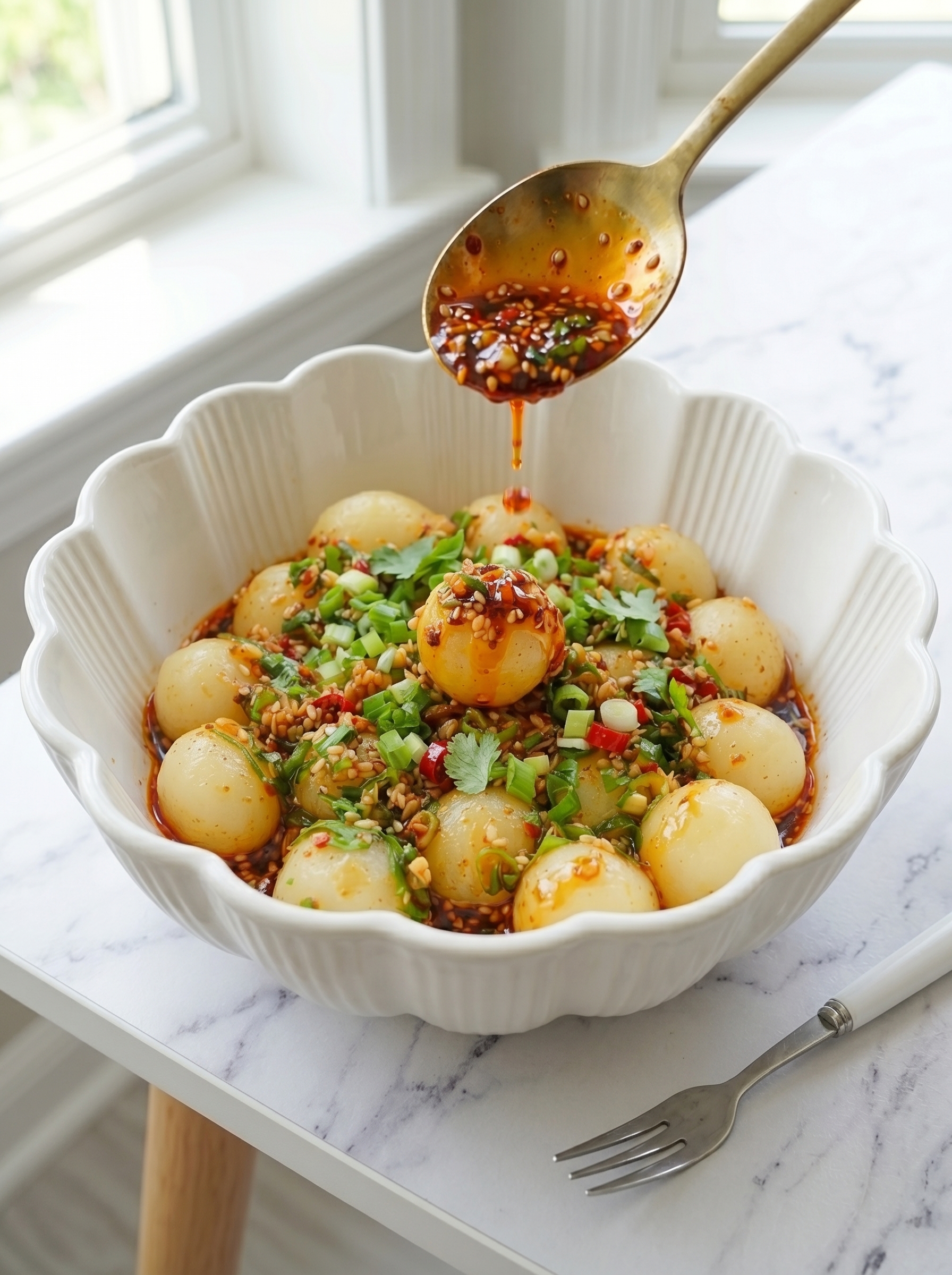 Easy Chewy Potato Balls with Spicy Sauce