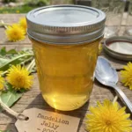 Final dandelion jelly beautifully set in glass jars with rich golden color and glossy