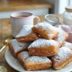 Final plated beignets — golden, fluffy, covered in powdered sugar, ready to serve