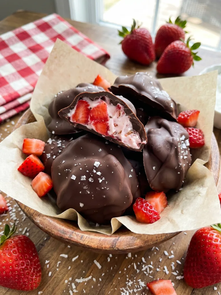 Finished chocolate strawberry yogurt clusters frozen and ready to serve