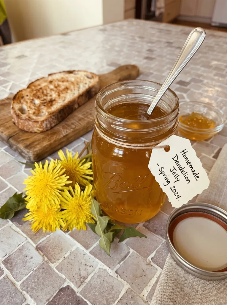 Finished dandelion jelly in clear glass jars with golden color fully set and ready to serve