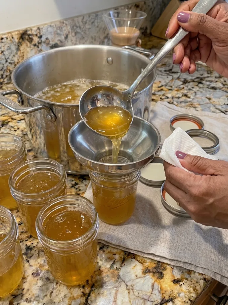 Finished dandelion jelly poured into glass jars using funnel, sealed and cooled for short-term refrigerator storage