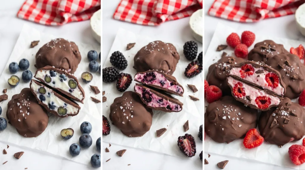 Finished yogurt clusters in three flavor variations with raspberries and blackberries, chocolate-coated ready to serve