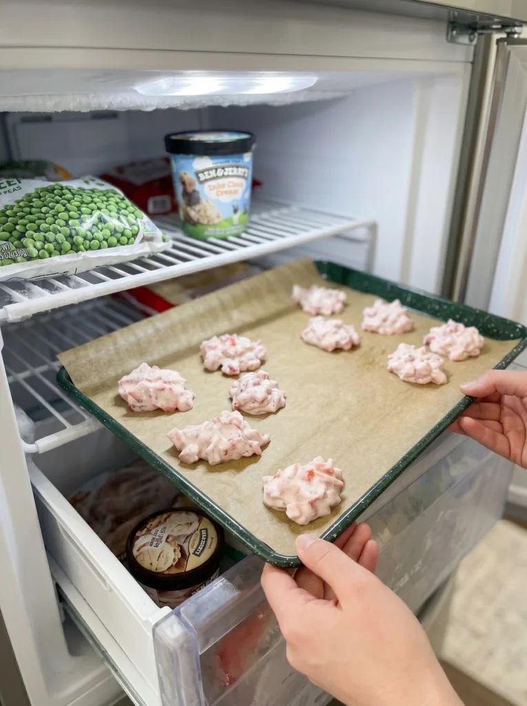 Firming up homemade clusters in freezer before dipping in chocolate