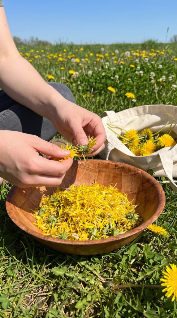 Freshly harvested dandelion flowers for homemade dandelion jelly recipe