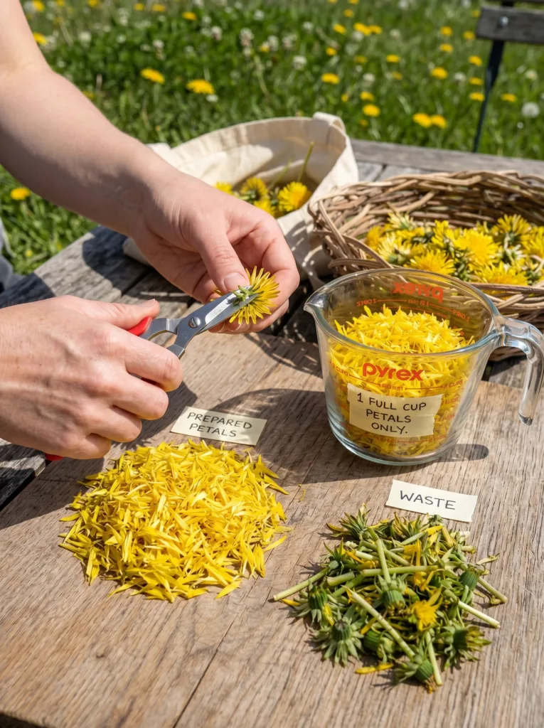 Harvesting and preparing fresh dandelion petals for scones