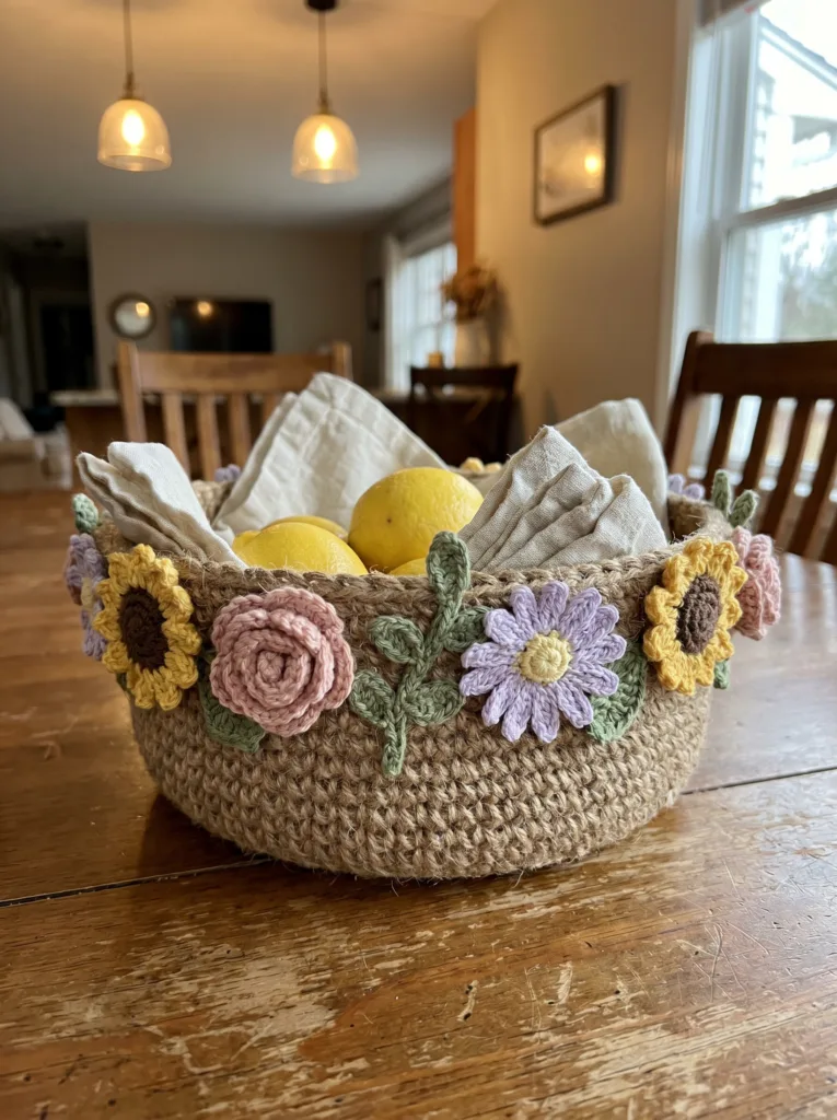 Jute bowl with colorful wildflower crochet rim