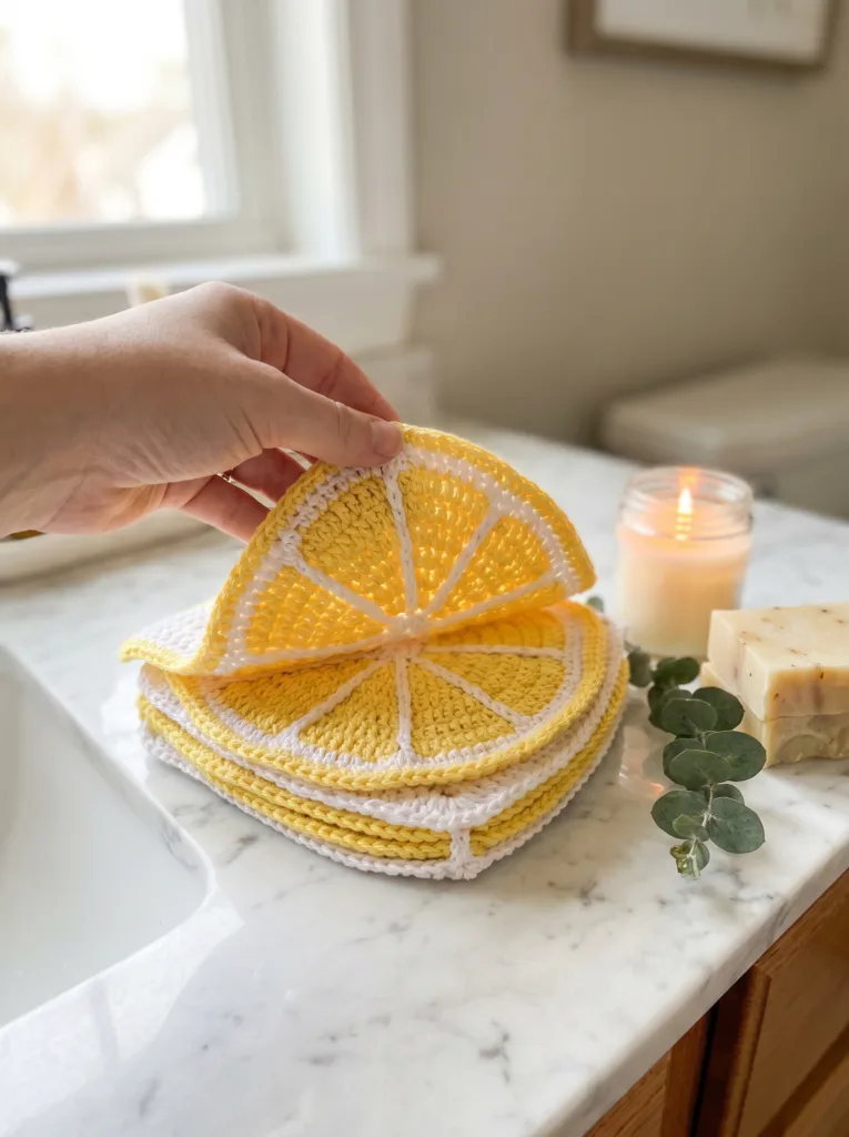 Lemon slice shaped crochet washcloths stacked – self-care gift idea