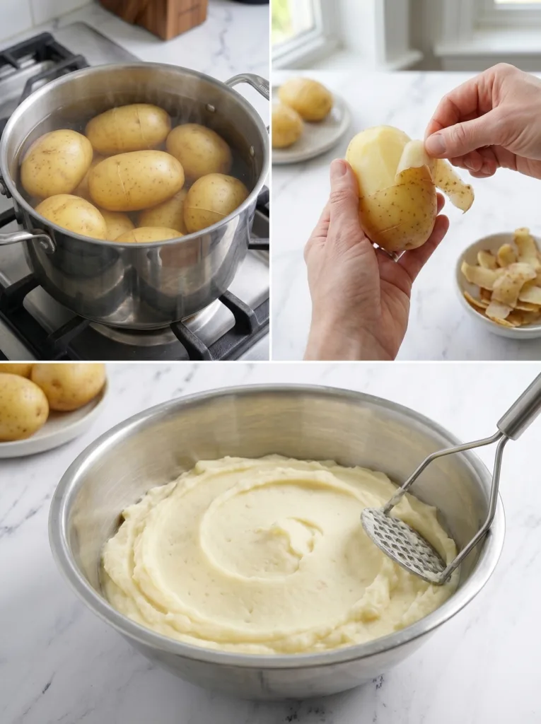 Mashing potatoes until smooth for QQ potato balls