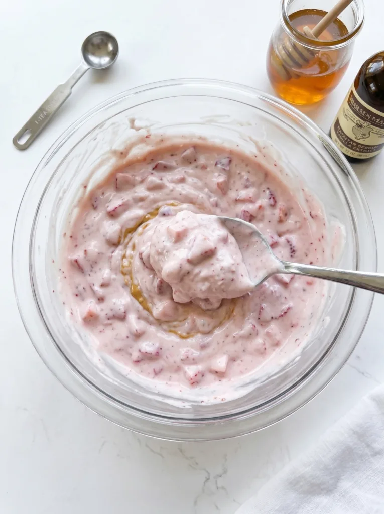 Mixed strawberry Greek yogurt base for frozen yogurt clusters