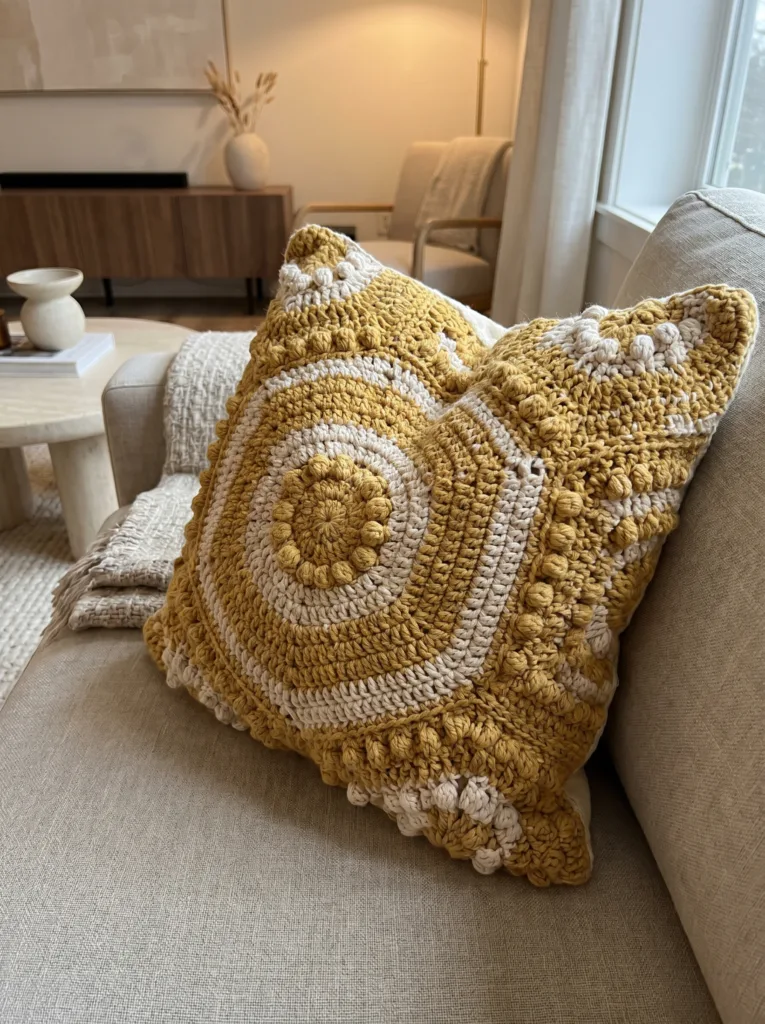 Mustard and cream bobble hexagon crochet pillow