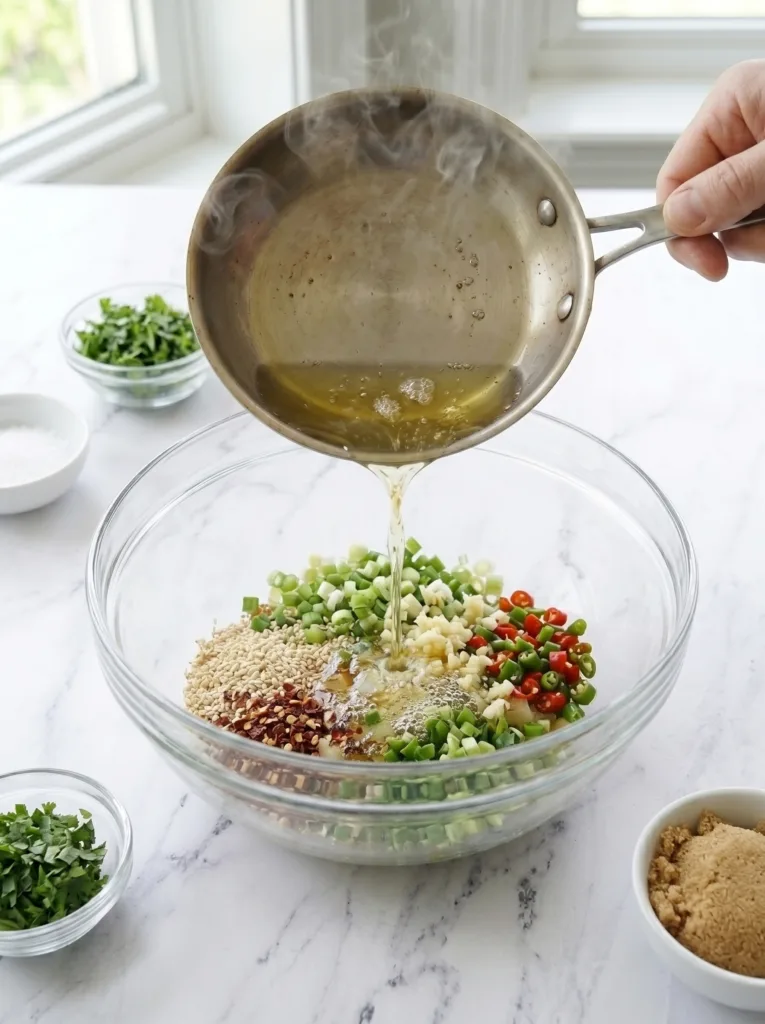 Pouring hot oil over aromatics to make spicy garlic sauce