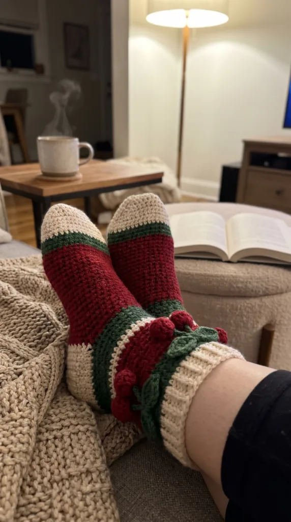 Red cherry motif crochet ankle socks inspiration