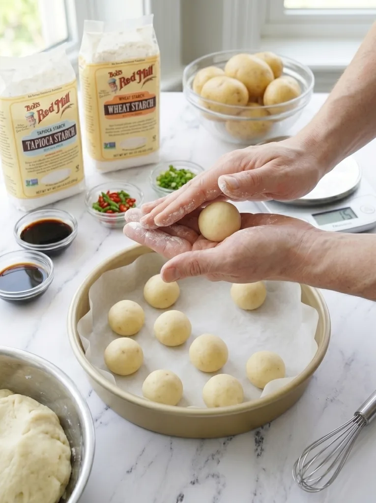 Rolling chewy potato balls by hand