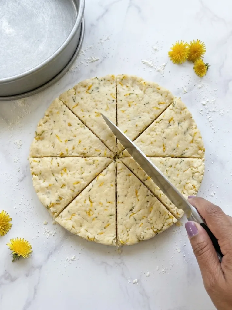 Round dough turned out and cut into eight evenly sized wedges ready for baking
