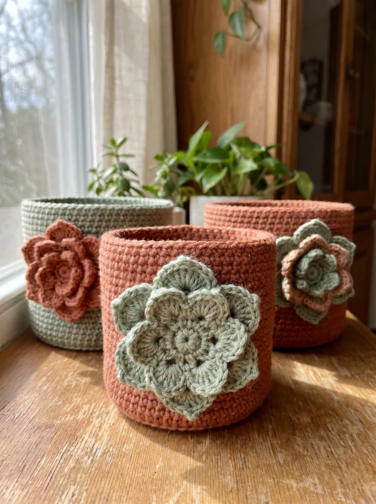Sage green crochet succulent plant pot covers