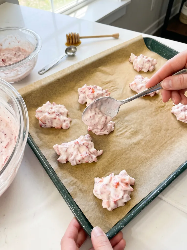 Scooped strawberry yogurt clusters on parchment paper ready for freezer