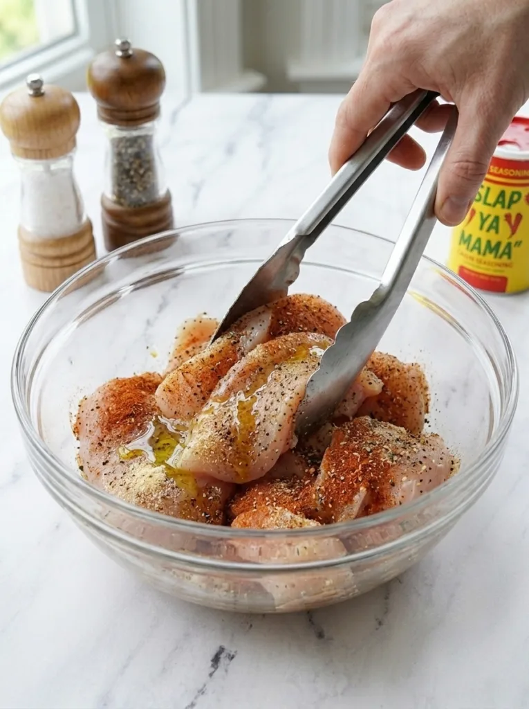 Creamy Cajun Chicken with Amazing Air Fryer Potatoes 15 Seasoning sliced chicken with olive oil, spices, and herbs in a bowl
