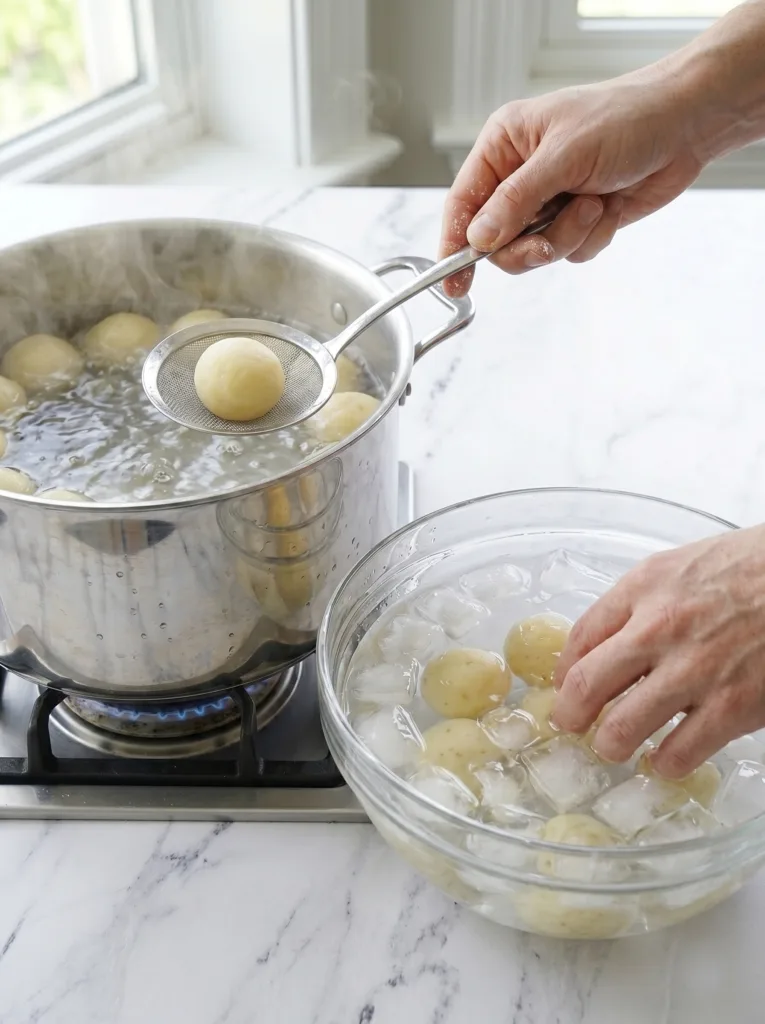 Shocking potato balls in ice bath for perfect QQ chew