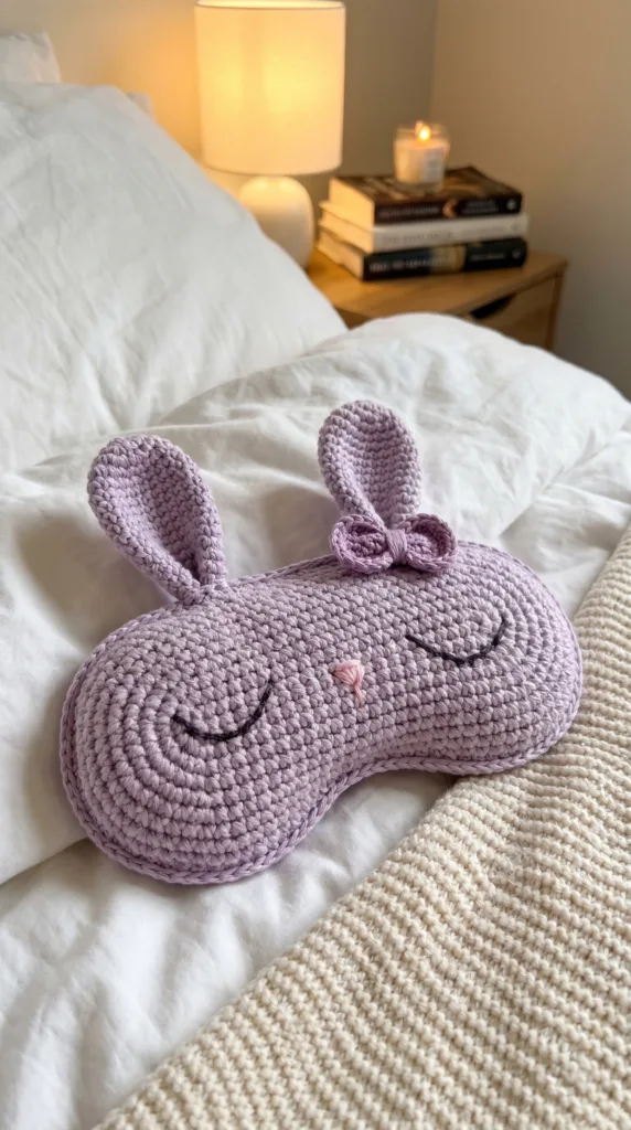 Soft purple crochet bunny eye pillow with lavender inspiration