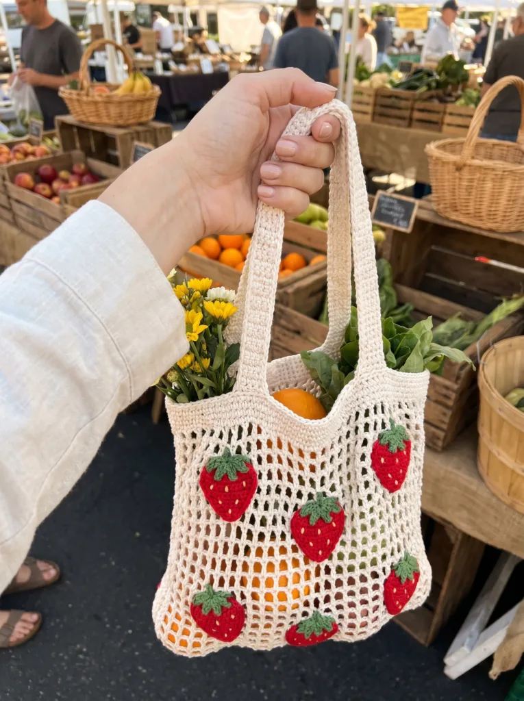 Strawberry crochet tote bag filled with fresh produce – Mother’s Day gift idea