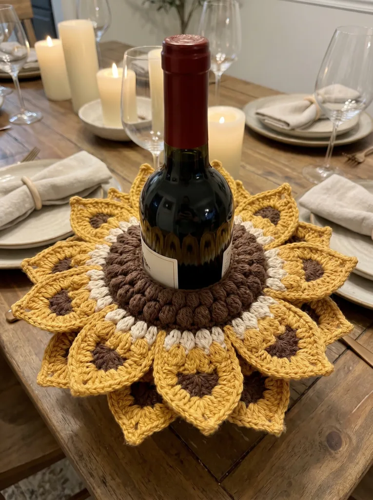 Sunflower crochet wine bottle holder