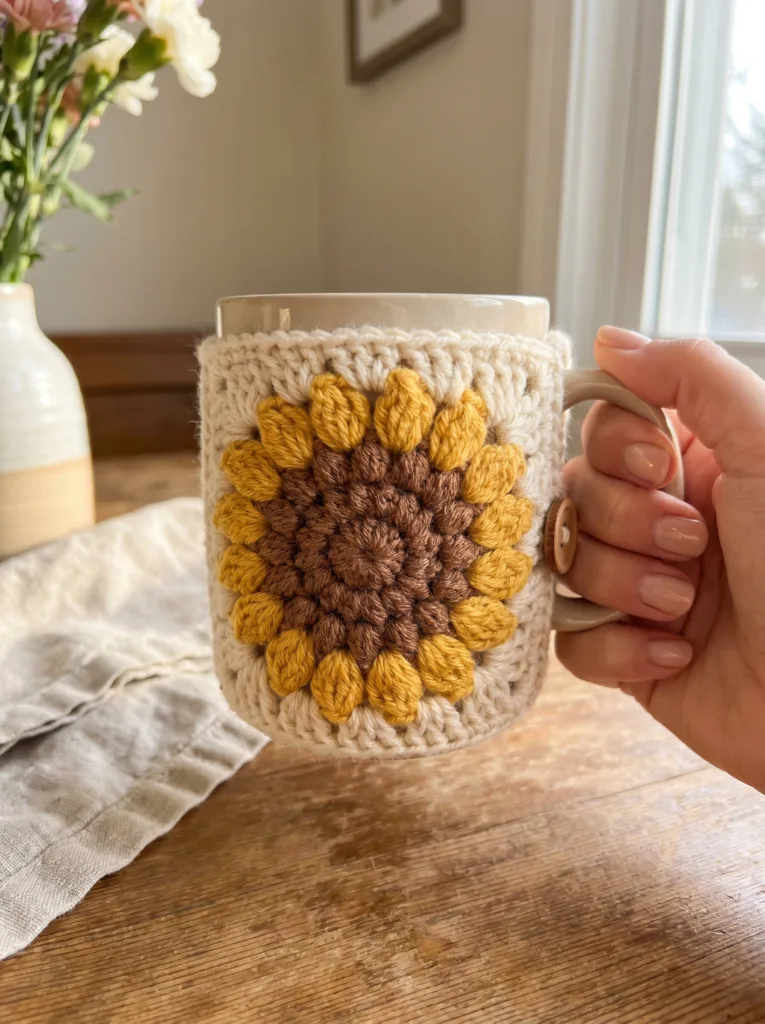 Sunflower mug cozy wrapped around a coffee mug – cute Mother’s Day idea