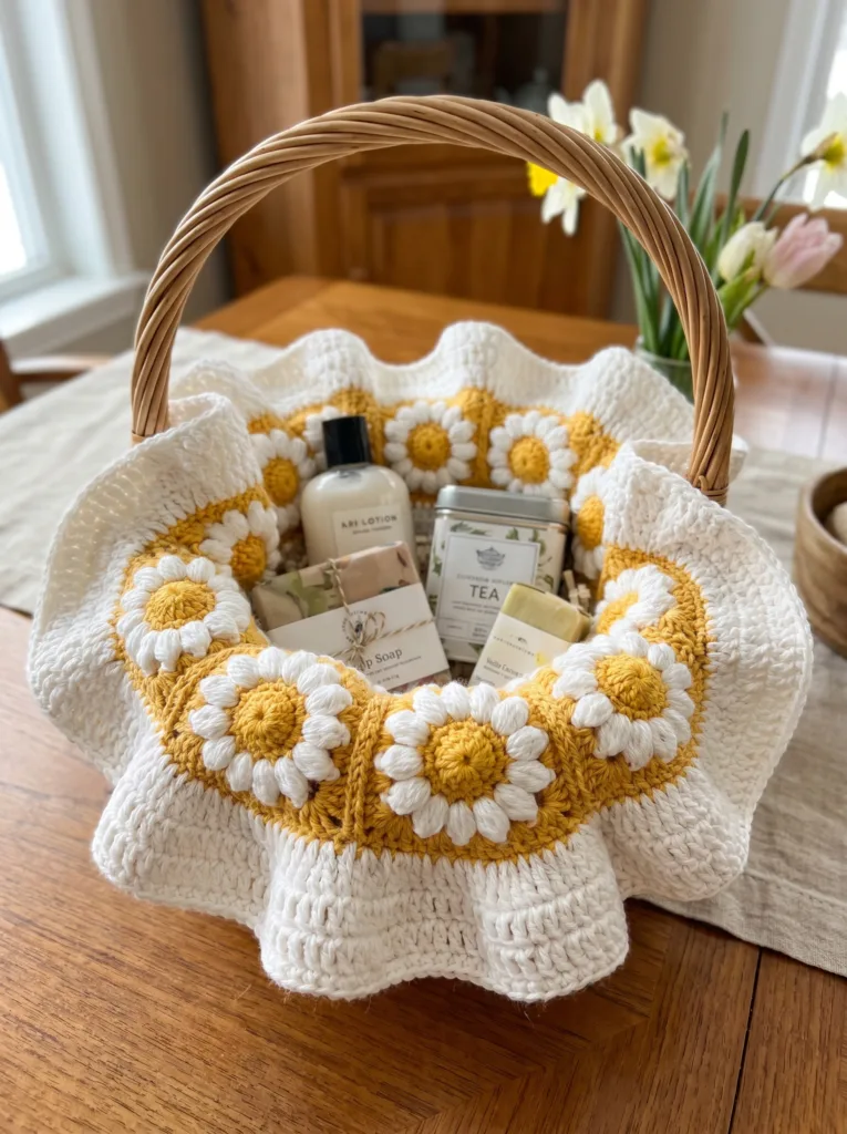 White and yellow daisy ruffle crochet basket liner