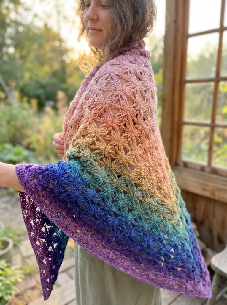 Woman wearing butterfly gradient shawl