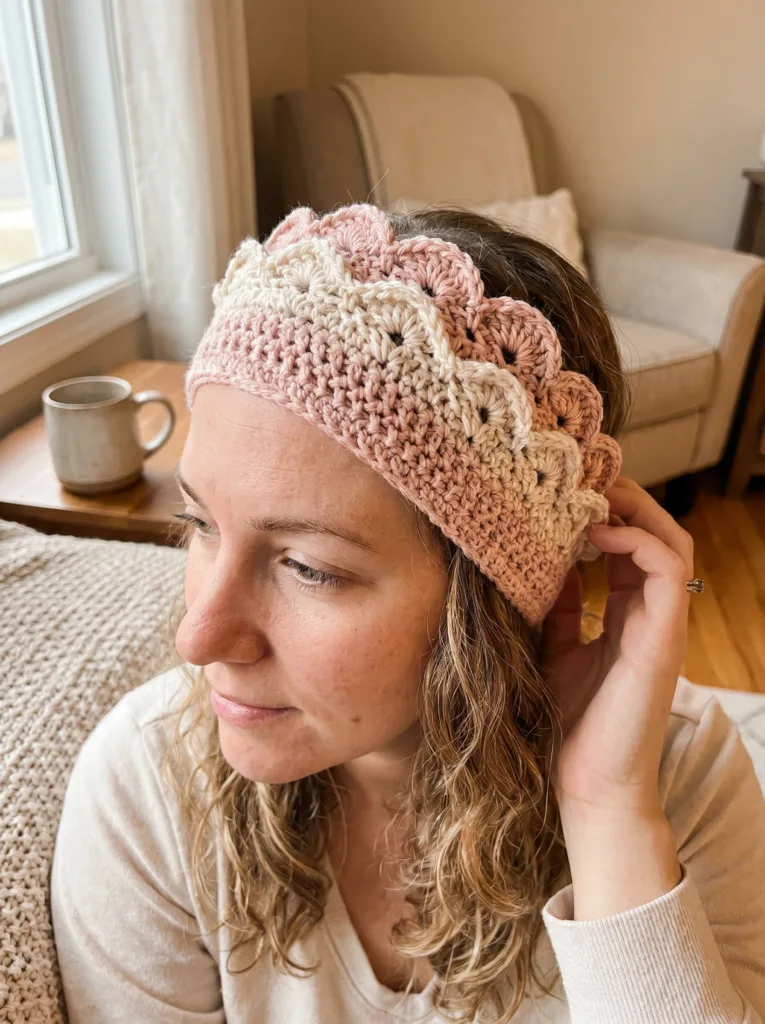 Woman wearing rose ruffle headband – everyday crochet gift idea