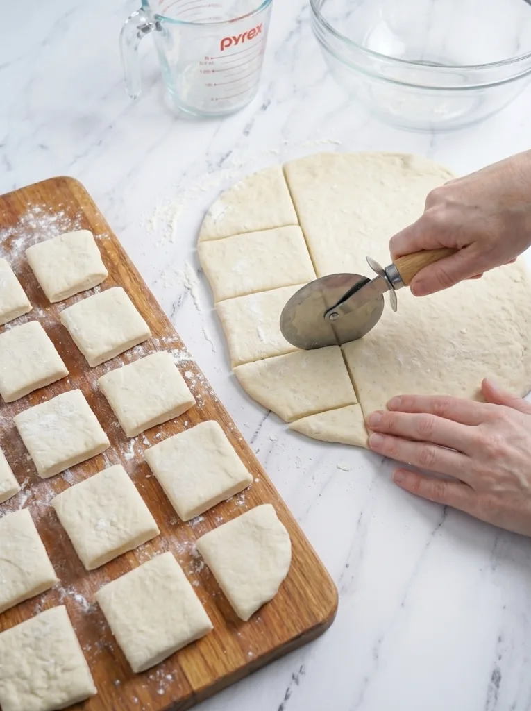 cutting beignet dough into squares for frying