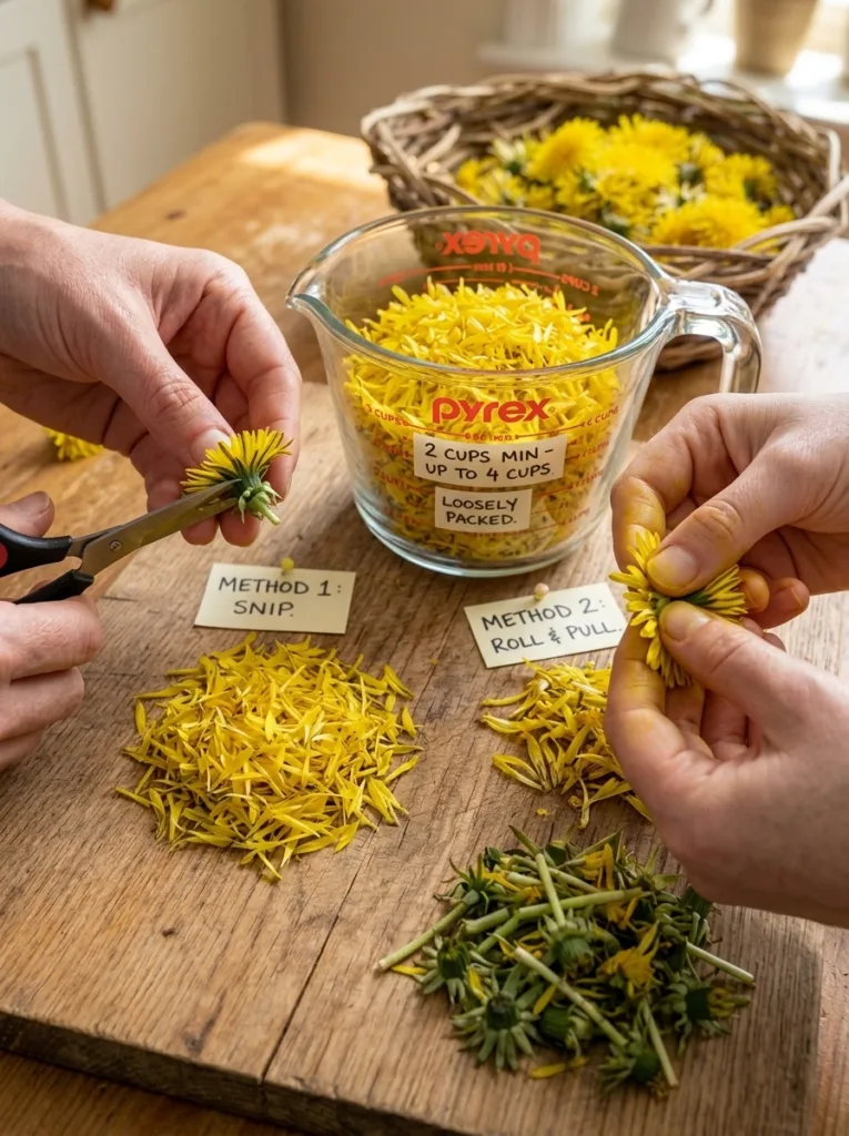 separating yellow dandelion petals from green base for dandelion jelly
