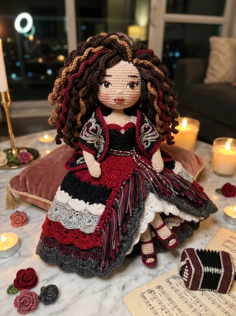 Argentine Tango Queen crochet doll in crimson red layered dress with bandoneón