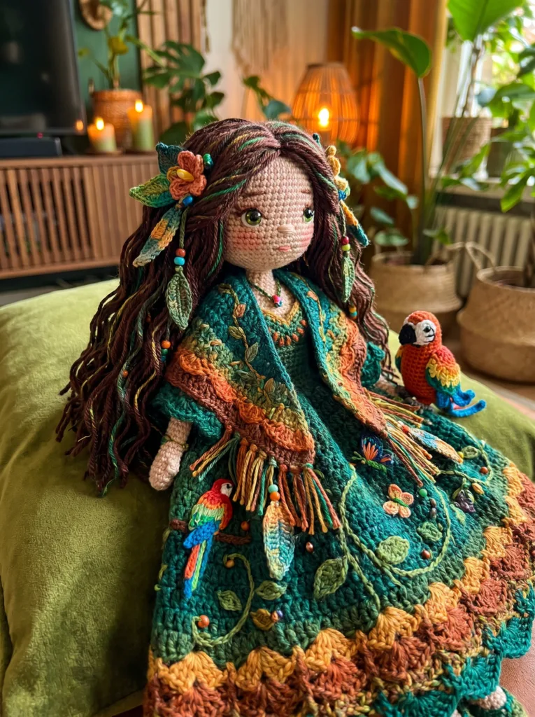 Brazilian Amazon Rainforest crochet doll with green embroidered dress and macaw parrot