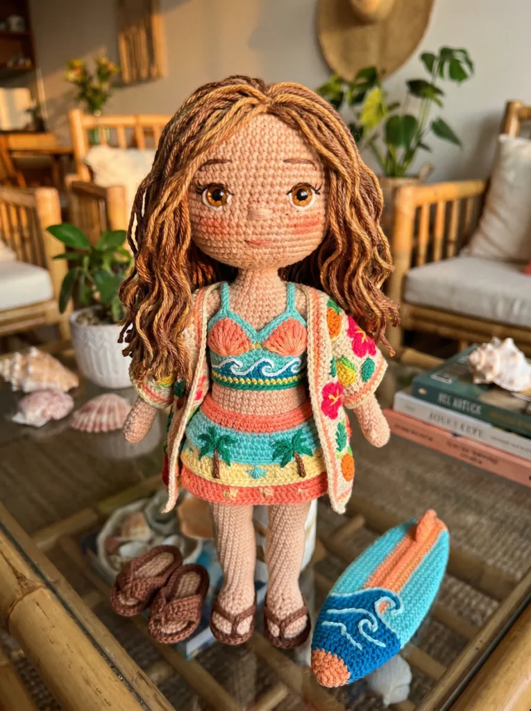 Brazilian Beach Surfer crochet doll in turquoise bikini with surfboard