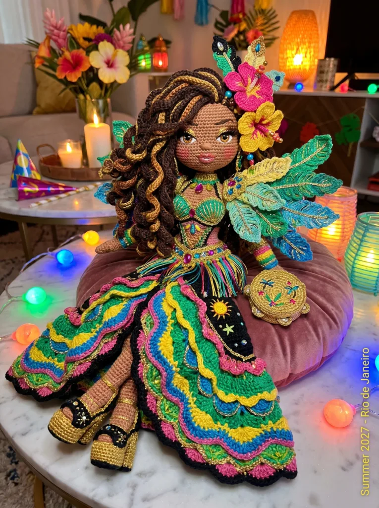 Brazilian Carnival crochet doll in layered colorful skirt with feather wings