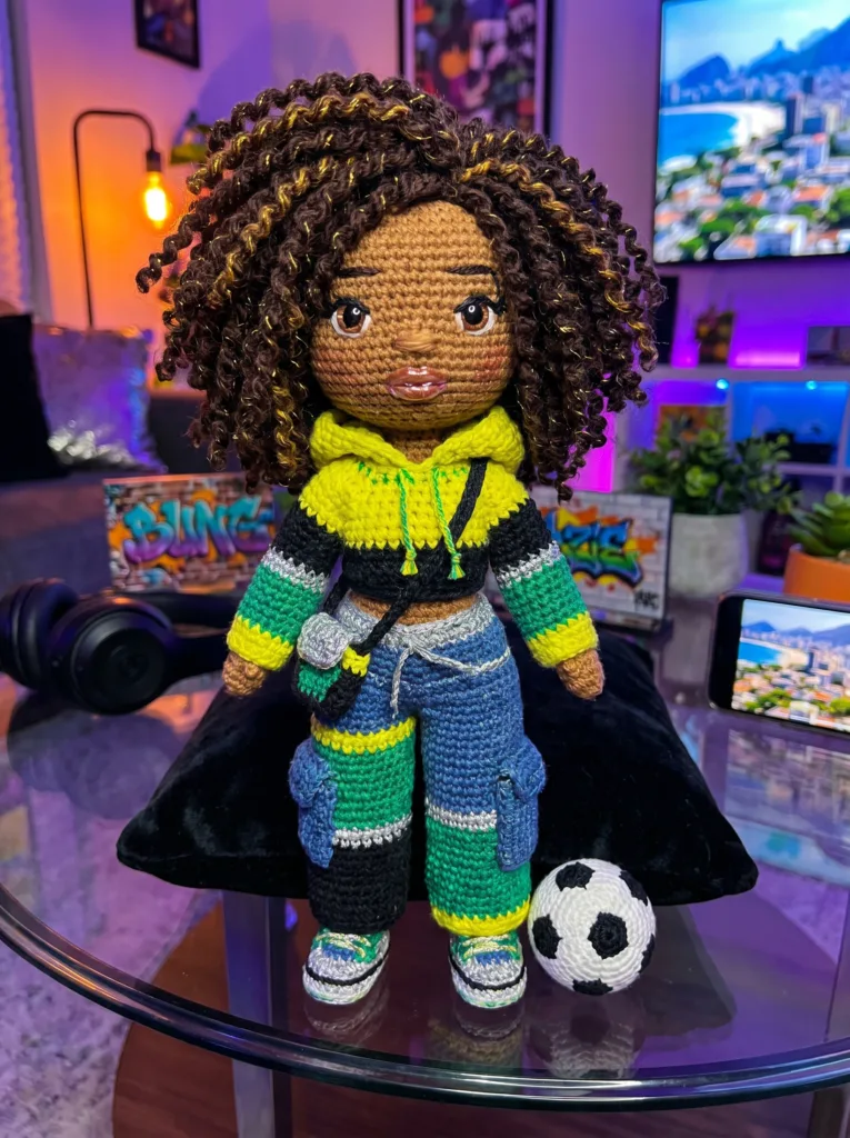 Brazilian Favela Streetwear crochet doll in yellow hoodie with soccer ball
