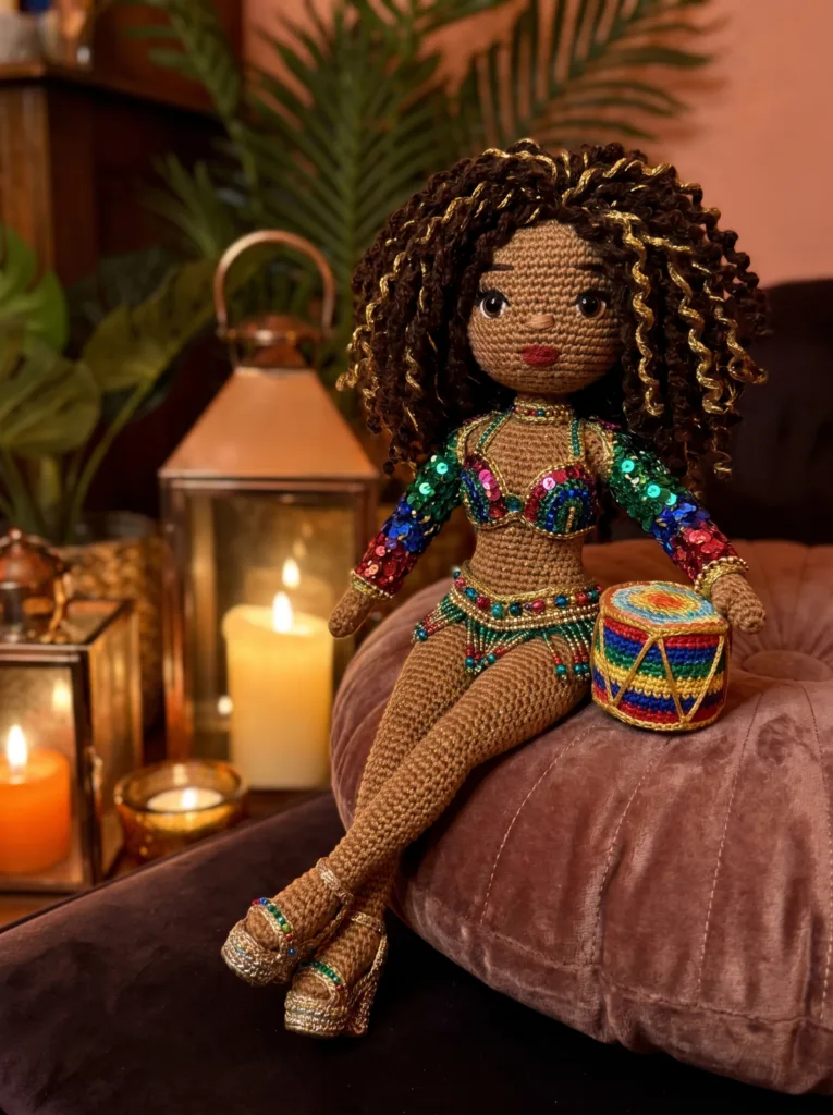 Brazilian Samba Night crochet doll with gold curls and carnival costume