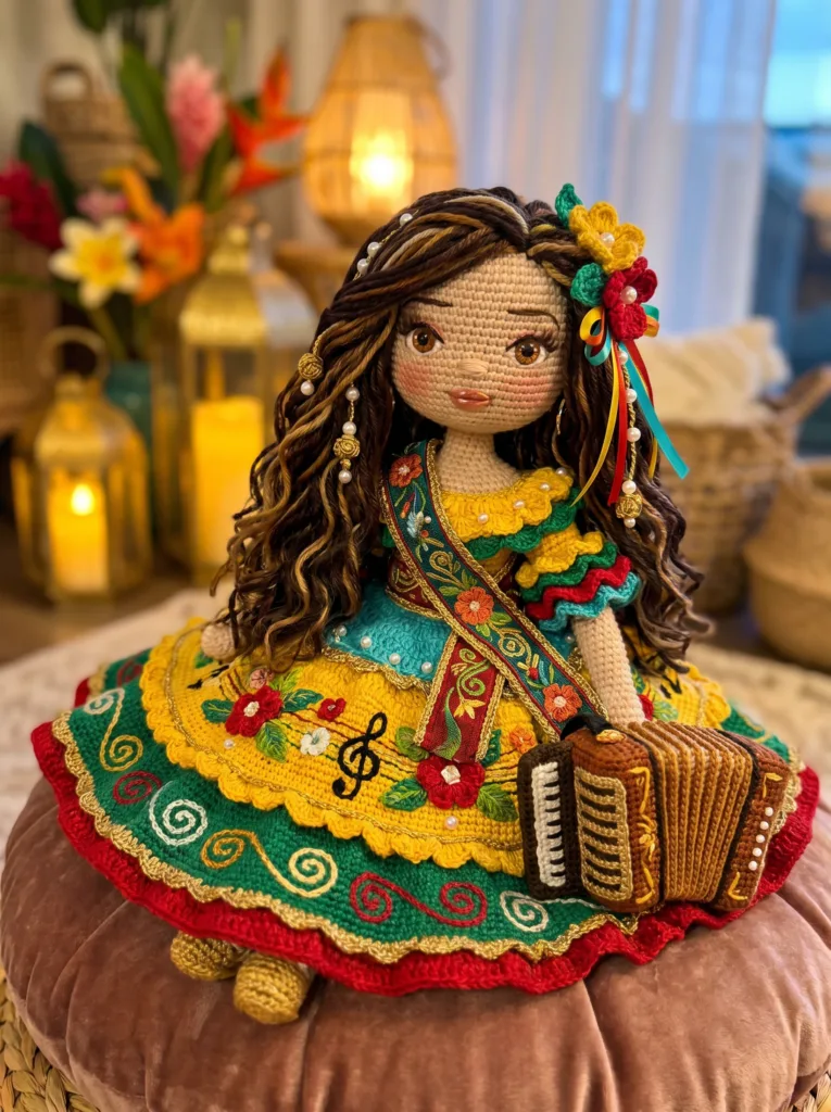 Colombian Vallenato Princess crochet doll in yellow dress holding accordion