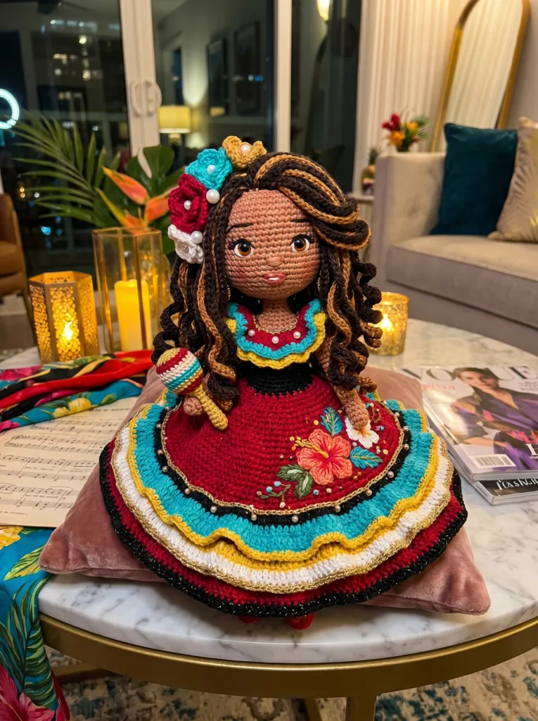 Cuban Havana Salsa Queen crochet doll in red and teal dress with maraca