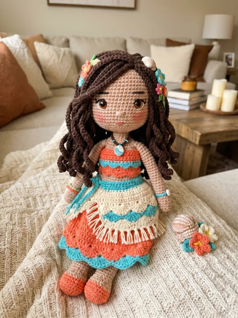 Island Princess crochet doll in coral and turquoise outfit with seashell