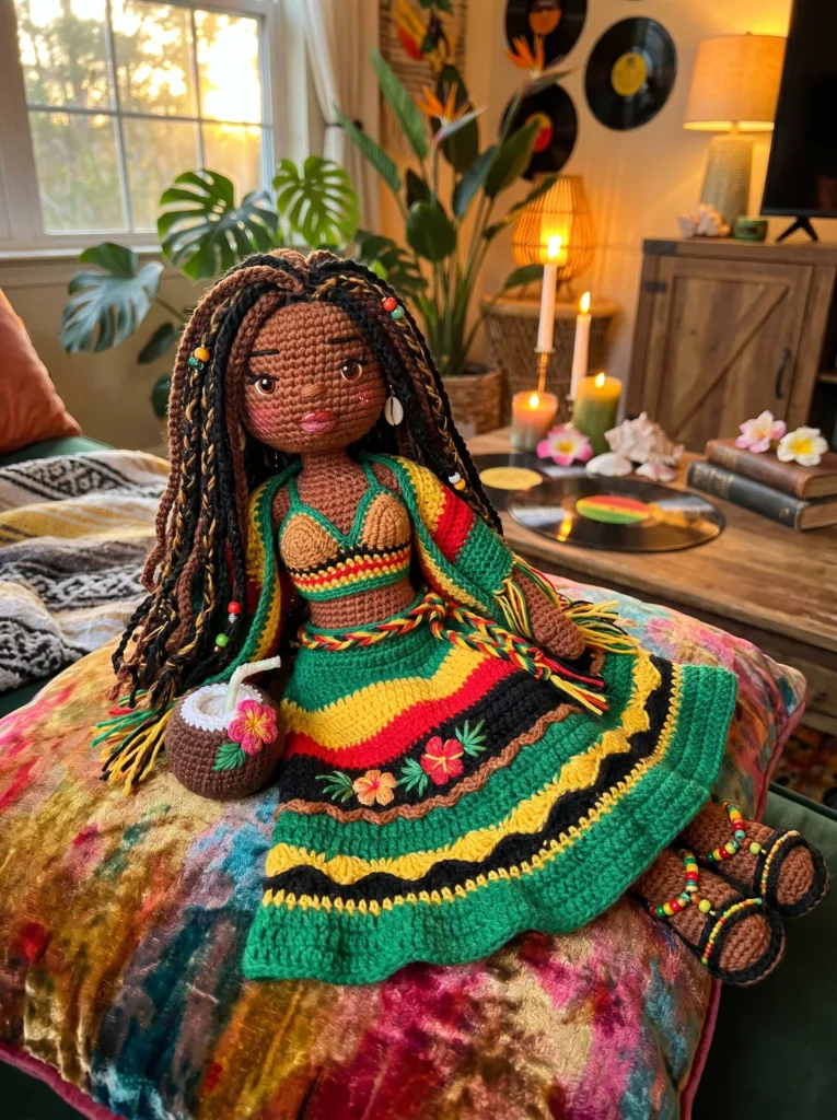 Jamaican Island Queen crochet doll in reggae colors holding coconut drink