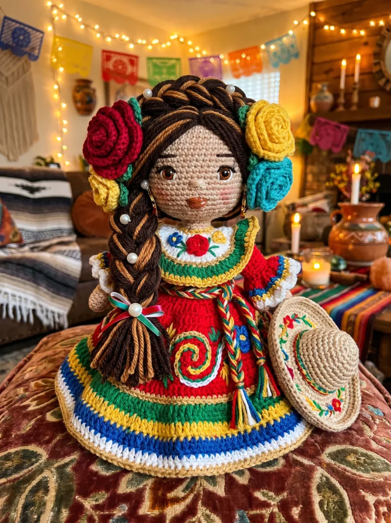 Mexican Fiesta Cinco de Mayo crochet doll with braided crown and sombrero