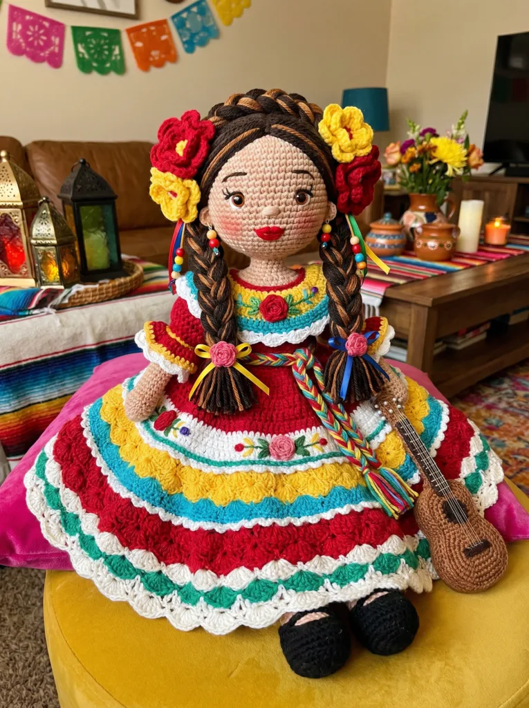 Mexican Fiesta crochet doll in folklórico dress with vihuela guitar