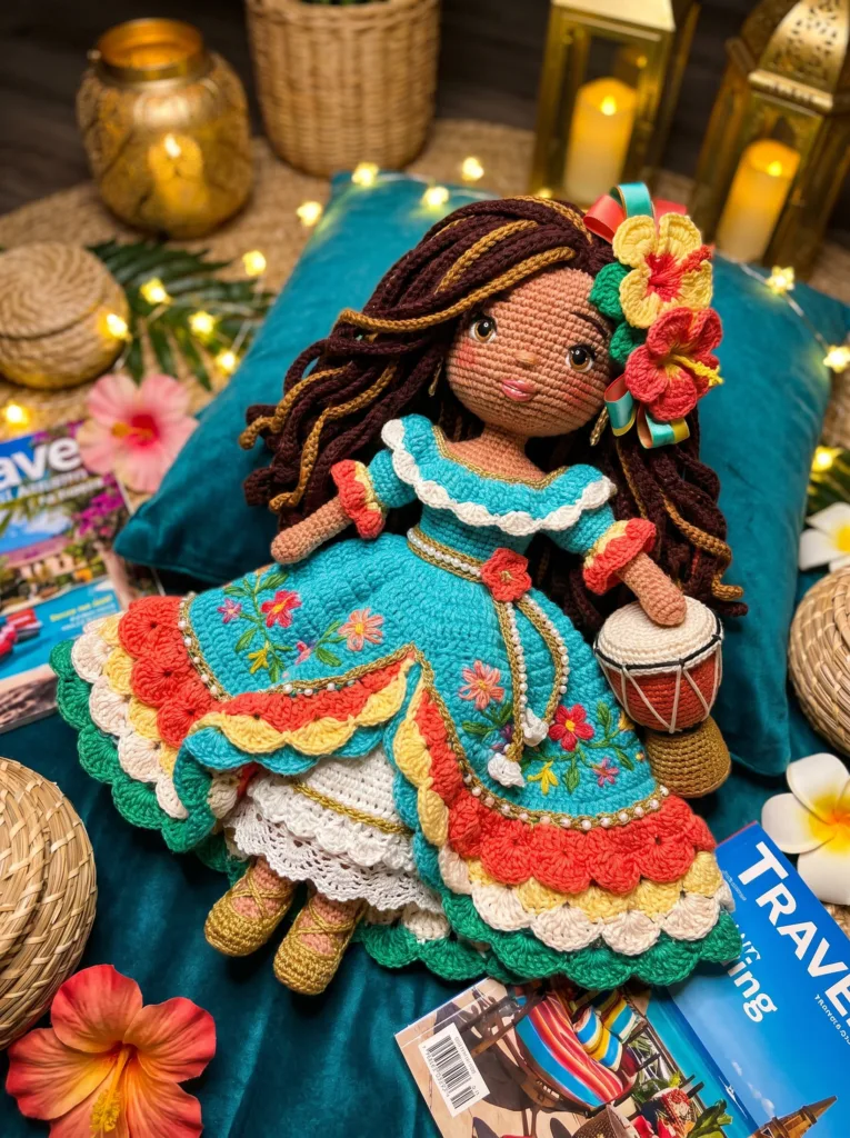 Puerto Rican San Juan Festival crochet doll in turquoise dress with bongo drum