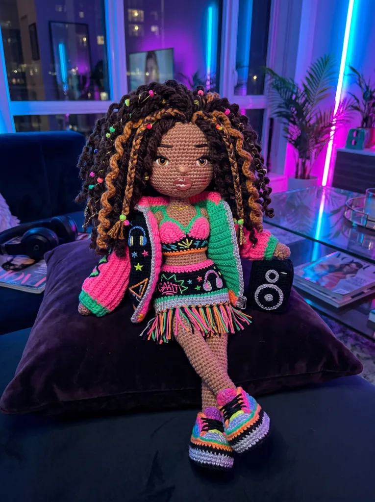 Rio Favela Funk Princess crochet doll in neon outfit with rainbow sneakers