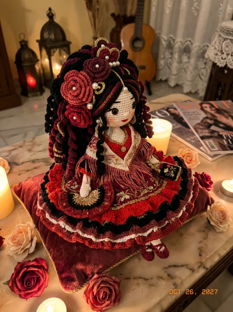 Spanish Flamenco Queen crochet doll with rose crown and gold fringe mantón