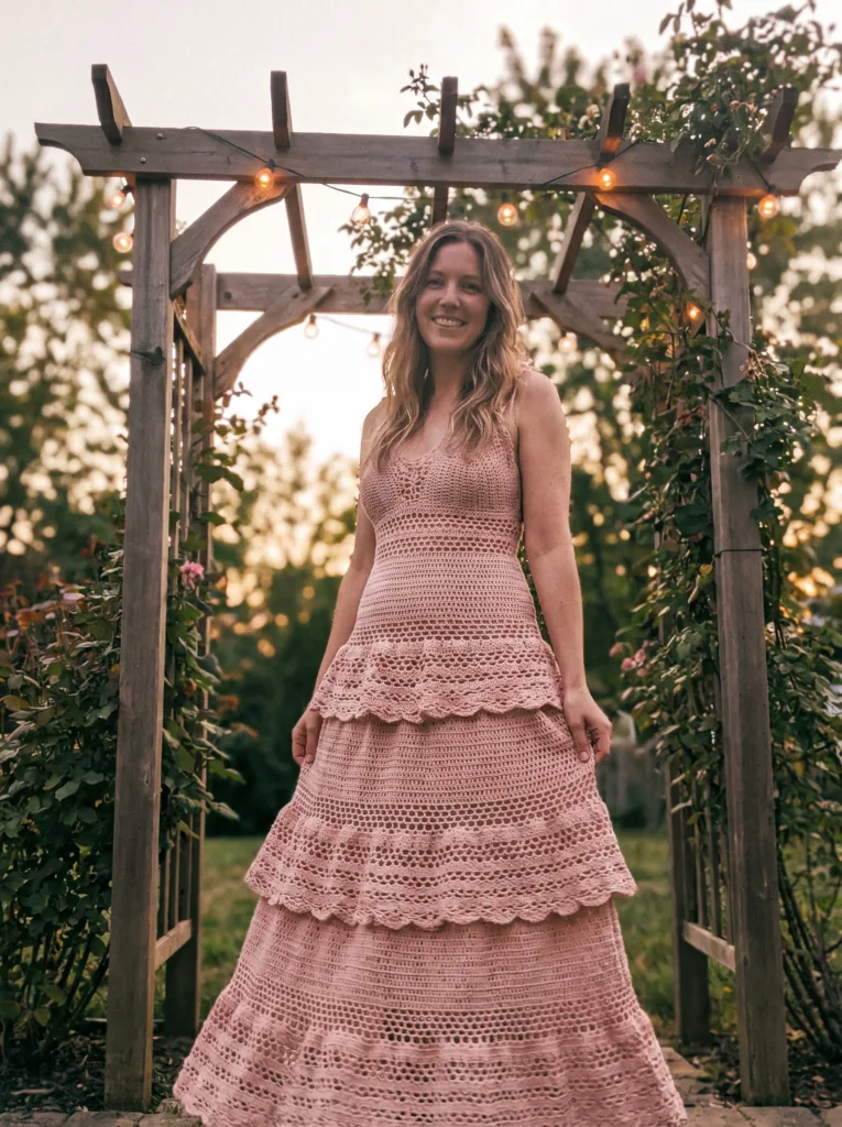 27 Gorgeous Crochet Dress Ideas You'll Love This Summer 14 Crochet blush pink tiered ruffle dress in soft lace stitch