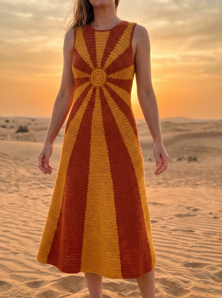 27 Gorgeous Crochet Dress Ideas You'll Love This Summer 15 Crochet burnt orange sleeveless midi dress with radiating sunray motif